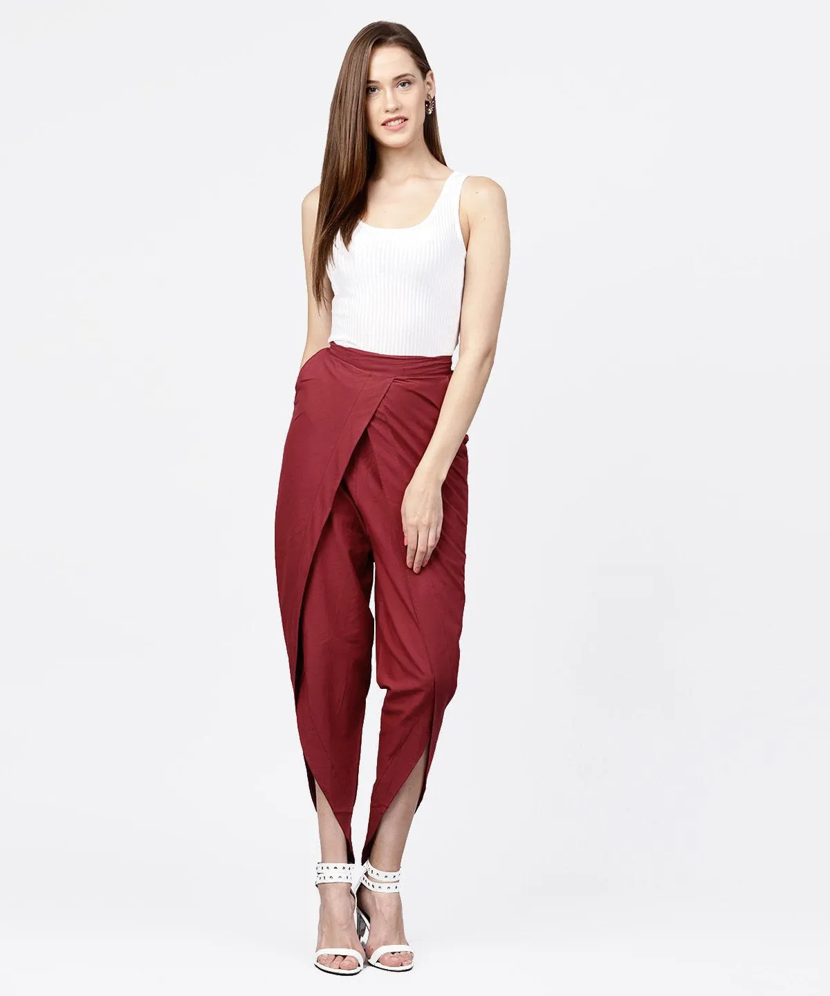 Solid Wine Ankle Length Cotton Tulip Pant