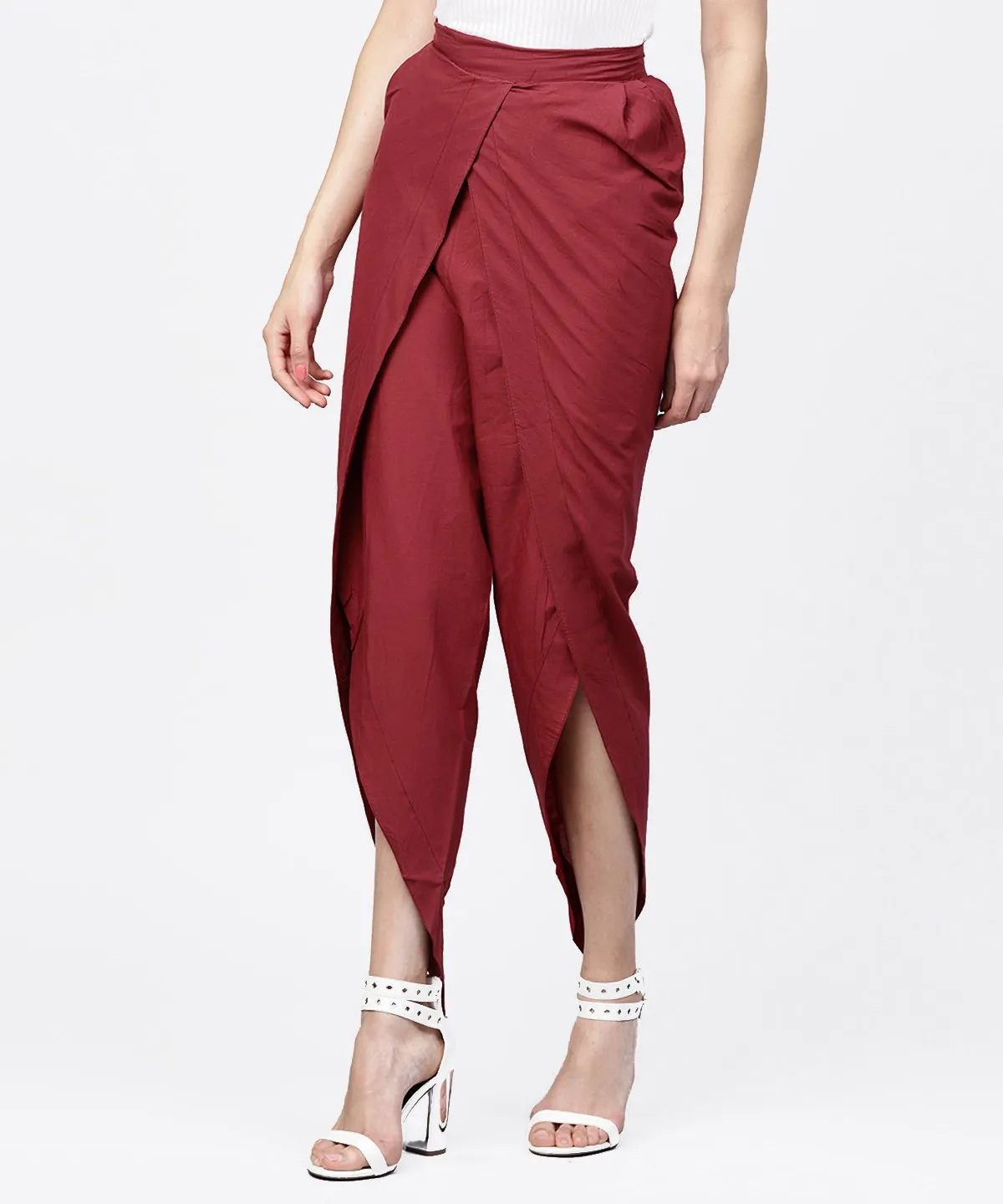 Solid Wine Ankle Length Cotton Tulip Pant