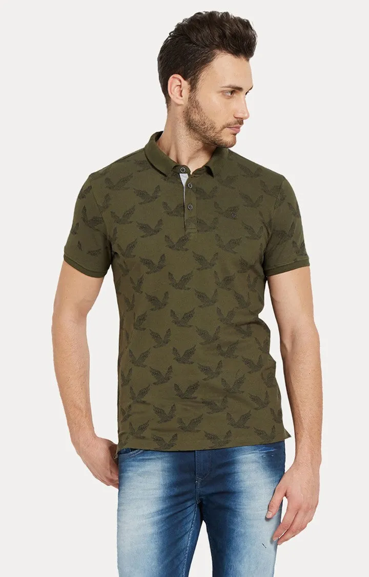 Spykar Green Printed Slim Fit Polo T-Shirt