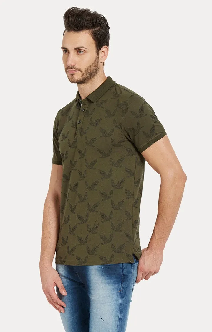 Spykar Green Printed Slim Fit Polo T-Shirt