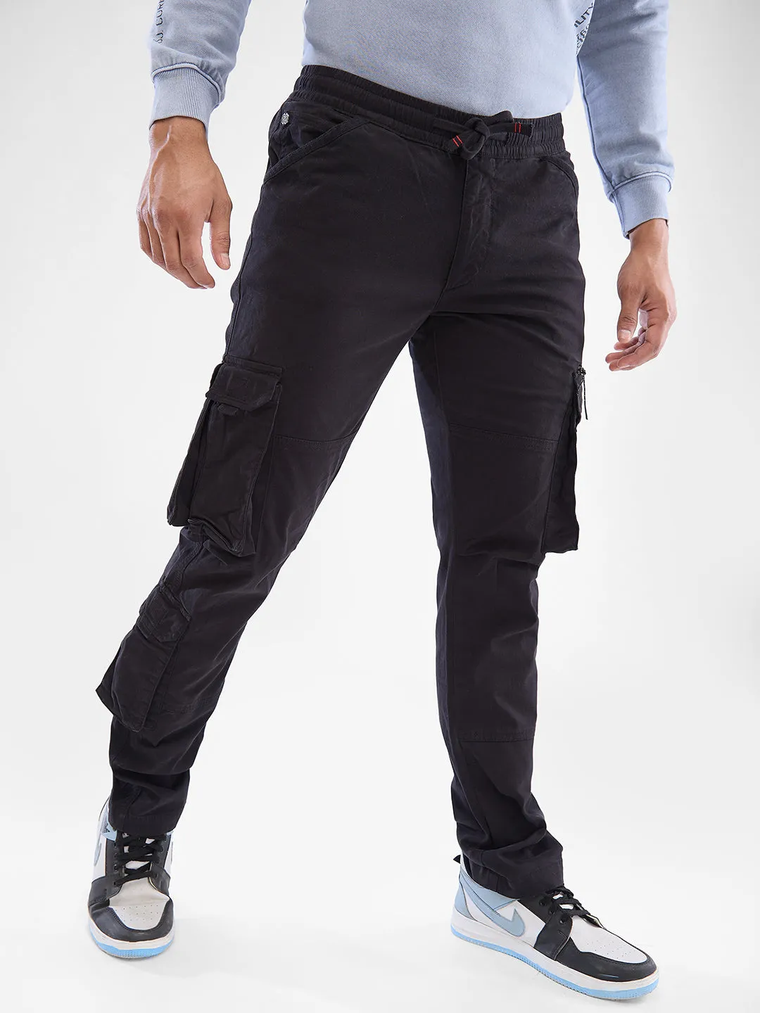 Spykar Jet Black Mid Rise Cargo For Men