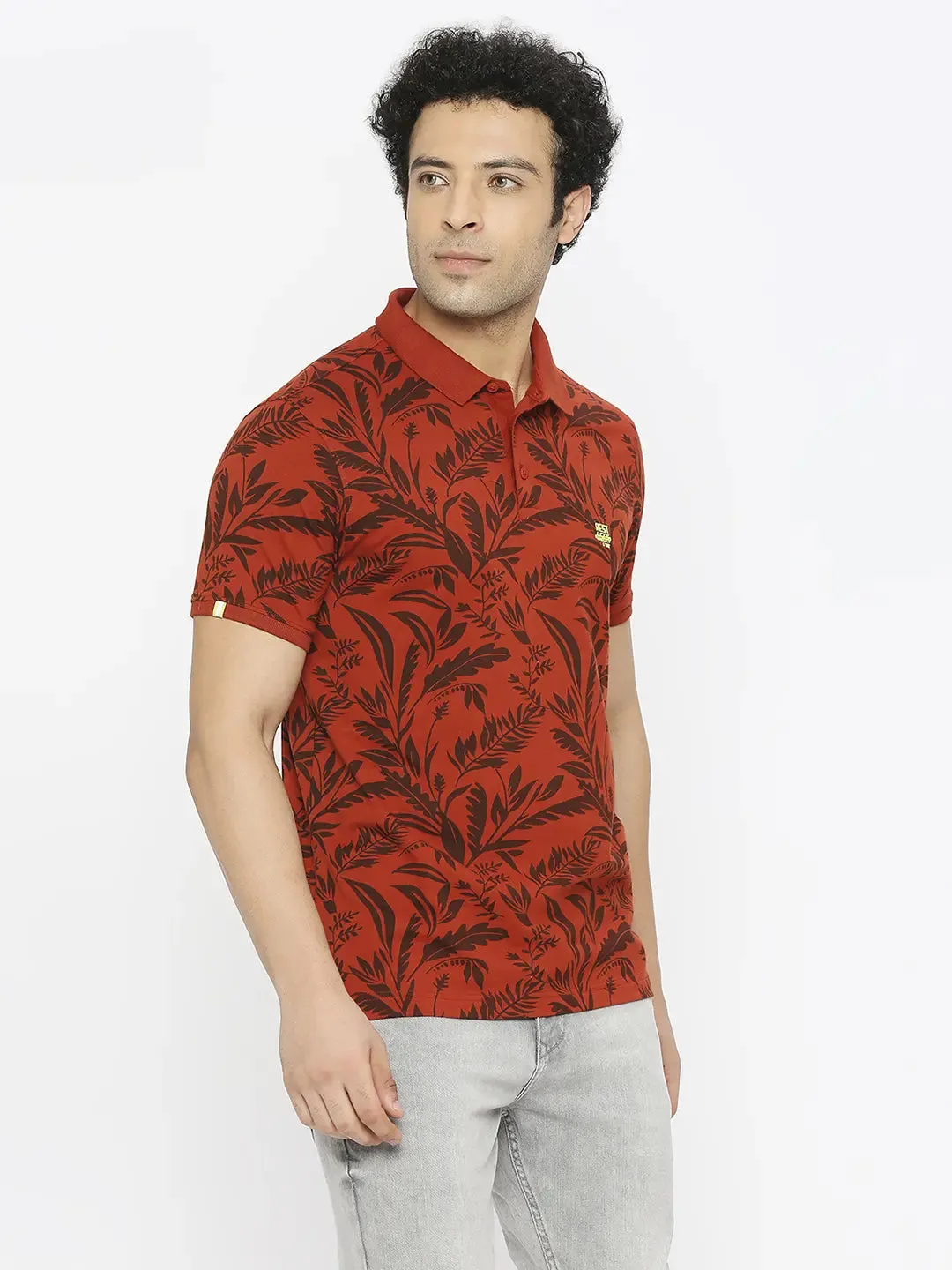 Spykar Men Burnt Orange Blended Regular Fit Half Sleeve Floral Print Polo Tshirt