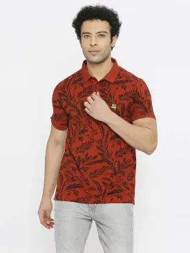 Spykar Men Burnt Orange Blended Regular Fit Half Sleeve Floral Print Polo Tshirt