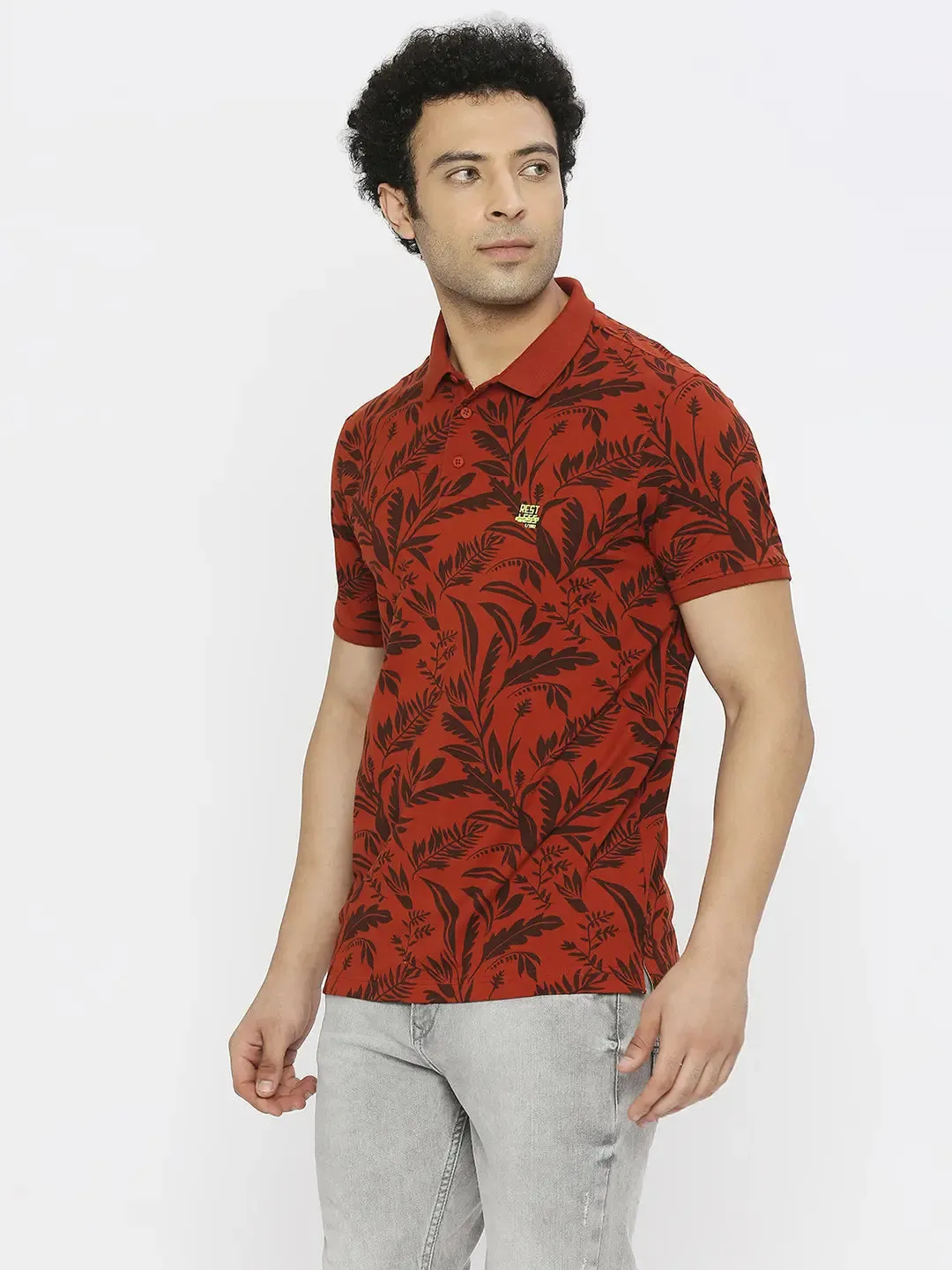 Spykar Men Burnt Orange Blended Regular Fit Half Sleeve Floral Print Polo Tshirt