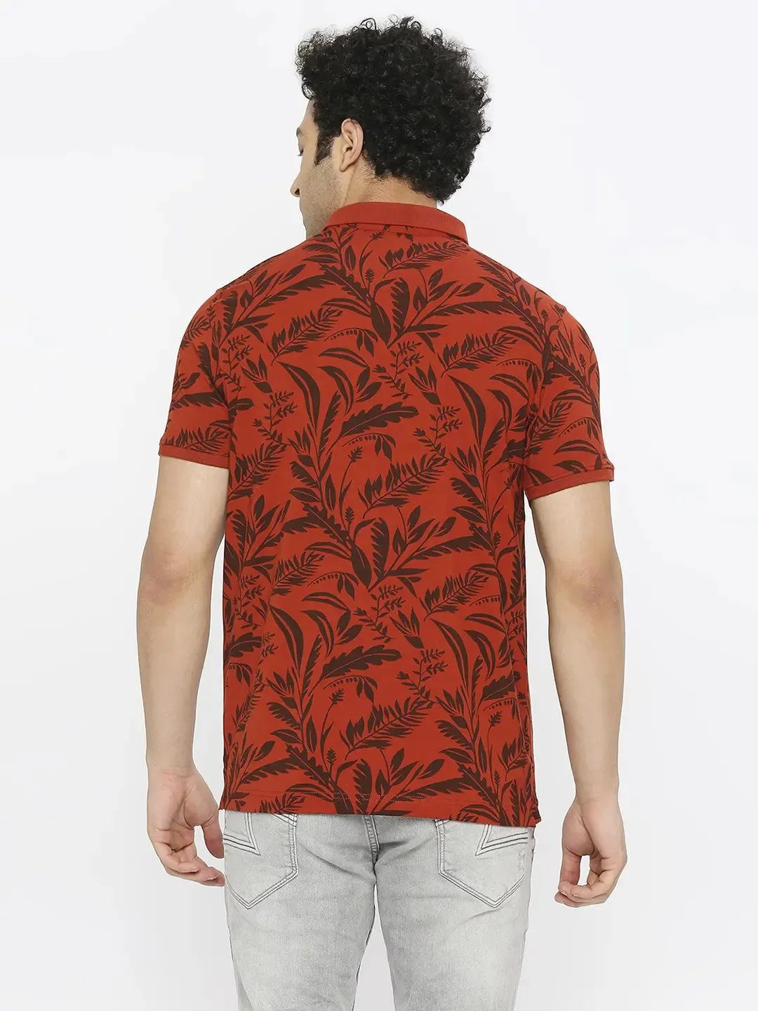 Spykar Men Burnt Orange Blended Regular Fit Half Sleeve Floral Print Polo Tshirt