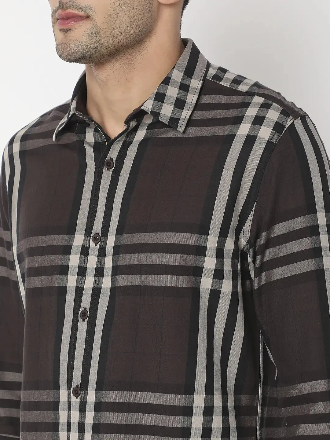 Spykar Men Coffee Brown Cotton Slim Fit Checkered Shirt