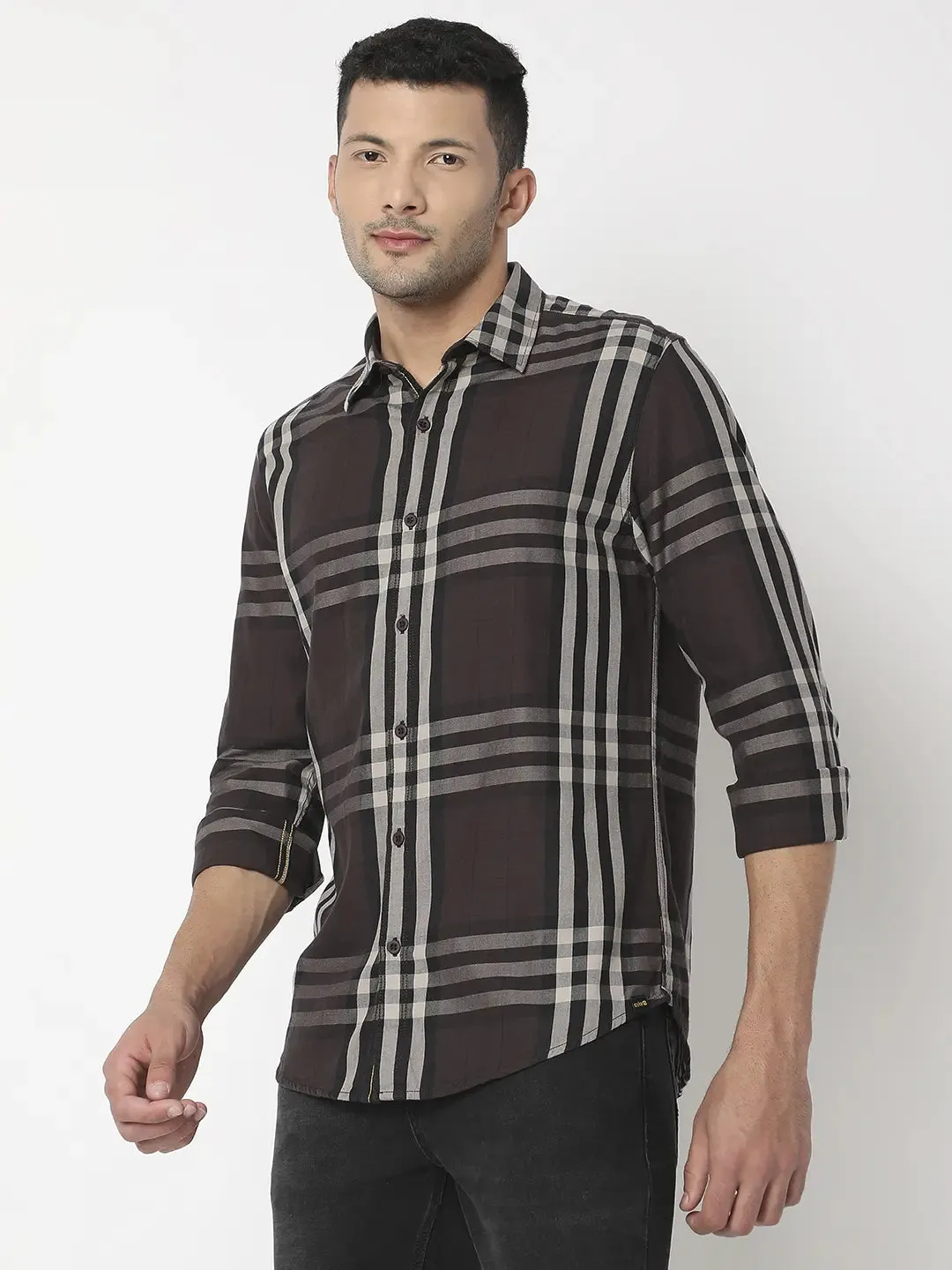 Spykar Men Coffee Brown Cotton Slim Fit Checkered Shirt