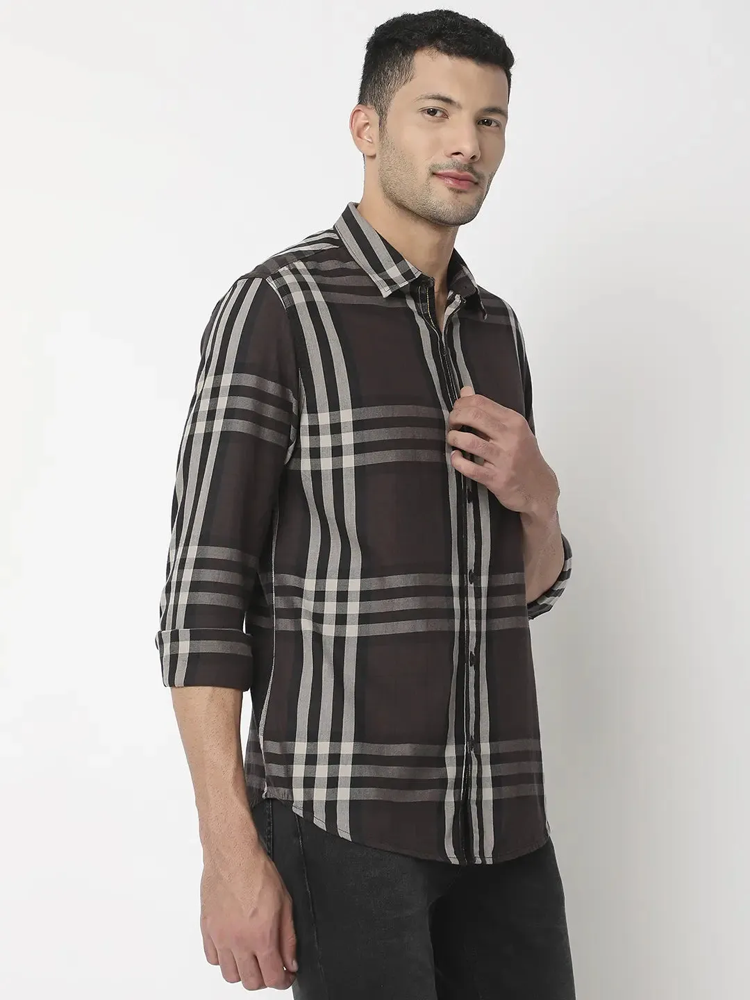 Spykar Men Coffee Brown Cotton Slim Fit Checkered Shirt