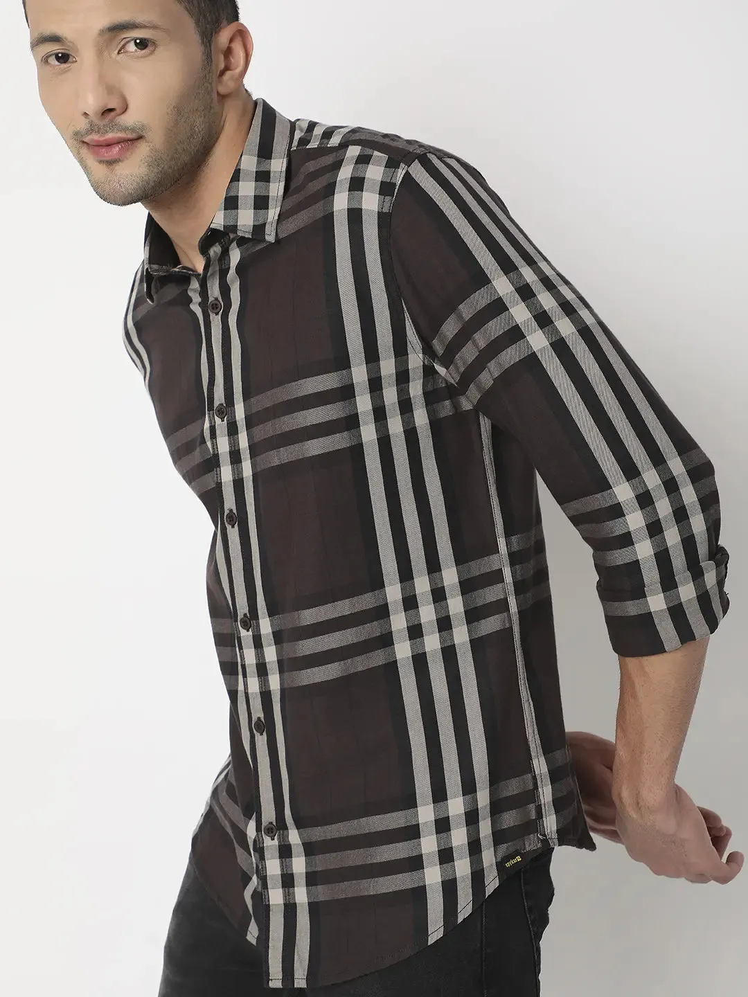 Spykar Men Coffee Brown Cotton Slim Fit Checkered Shirt