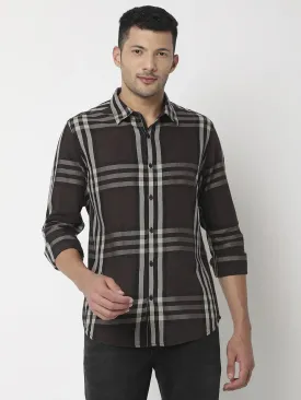 Spykar Men Coffee Brown Cotton Slim Fit Checkered Shirt