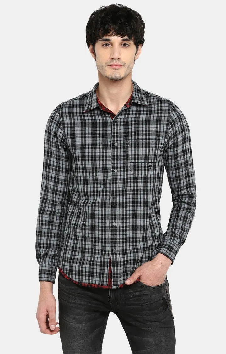 Spykar Men Grey & Maroon Checked Slim Fit Reversible Casual Shirt