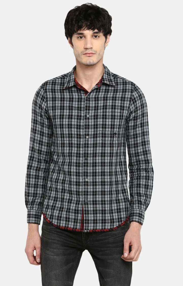 Spykar Men Grey & Maroon Checked Slim Fit Reversible Casual Shirt