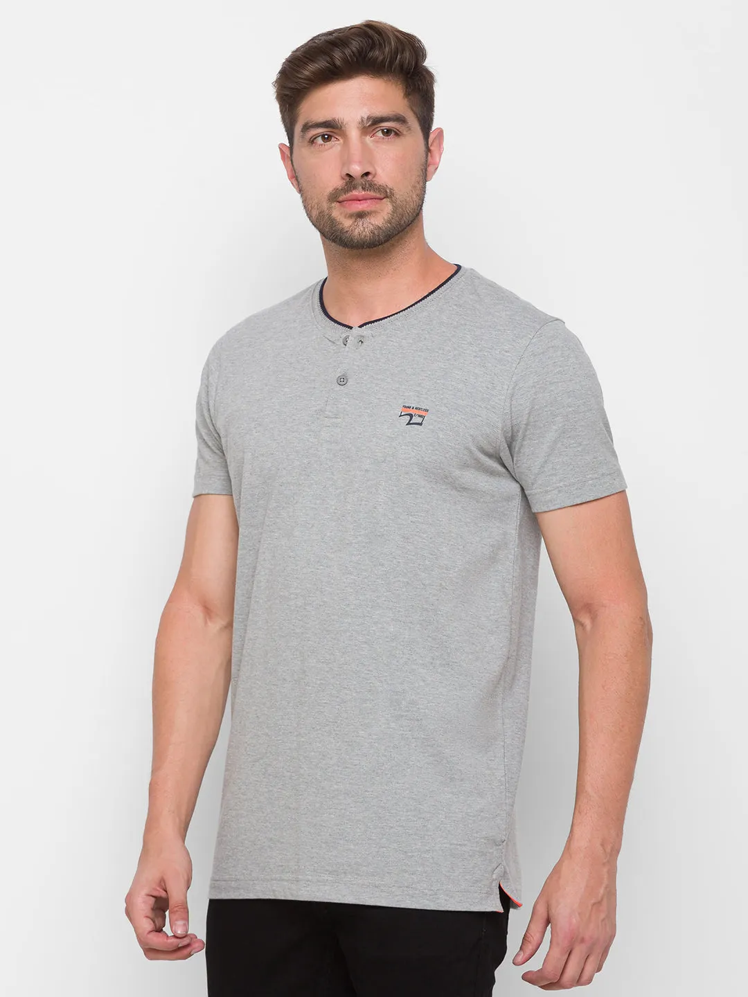 Spykar Men Grey Cotton Regular Round Neck T-Shirt