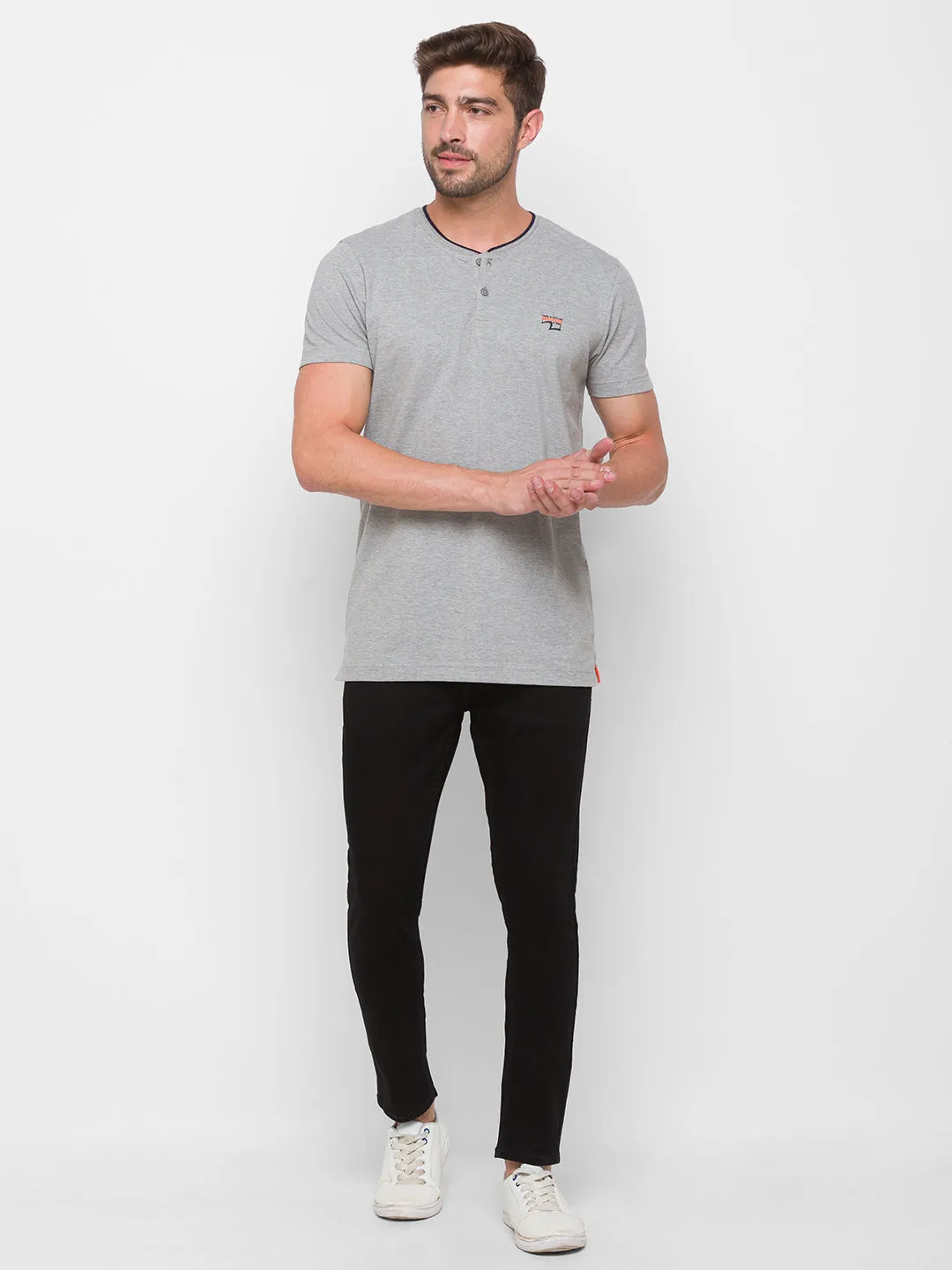 Spykar Men Grey Cotton Regular Round Neck T-Shirt