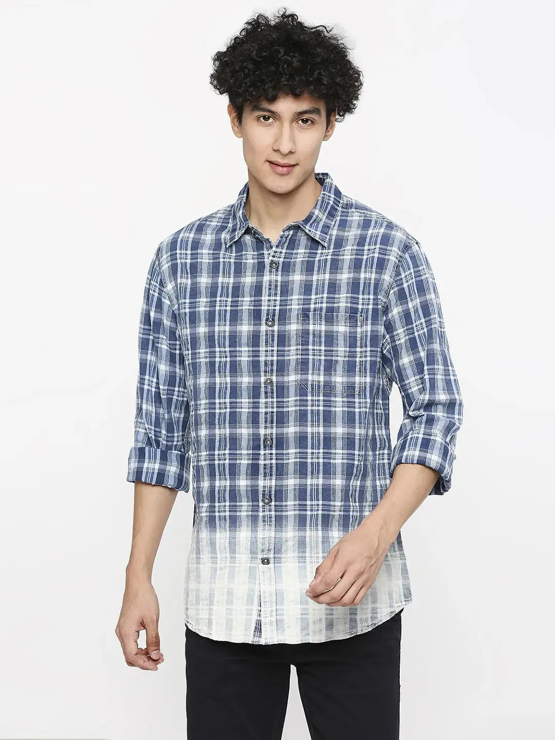 Spykar Men Indigo Cotton Slim Fit Checkered Shirt