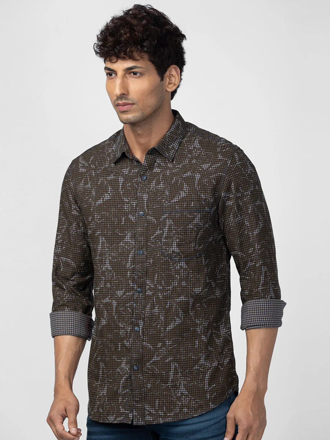 Spykar Men Khaki Cotton Slim Fit Checkered Shirt