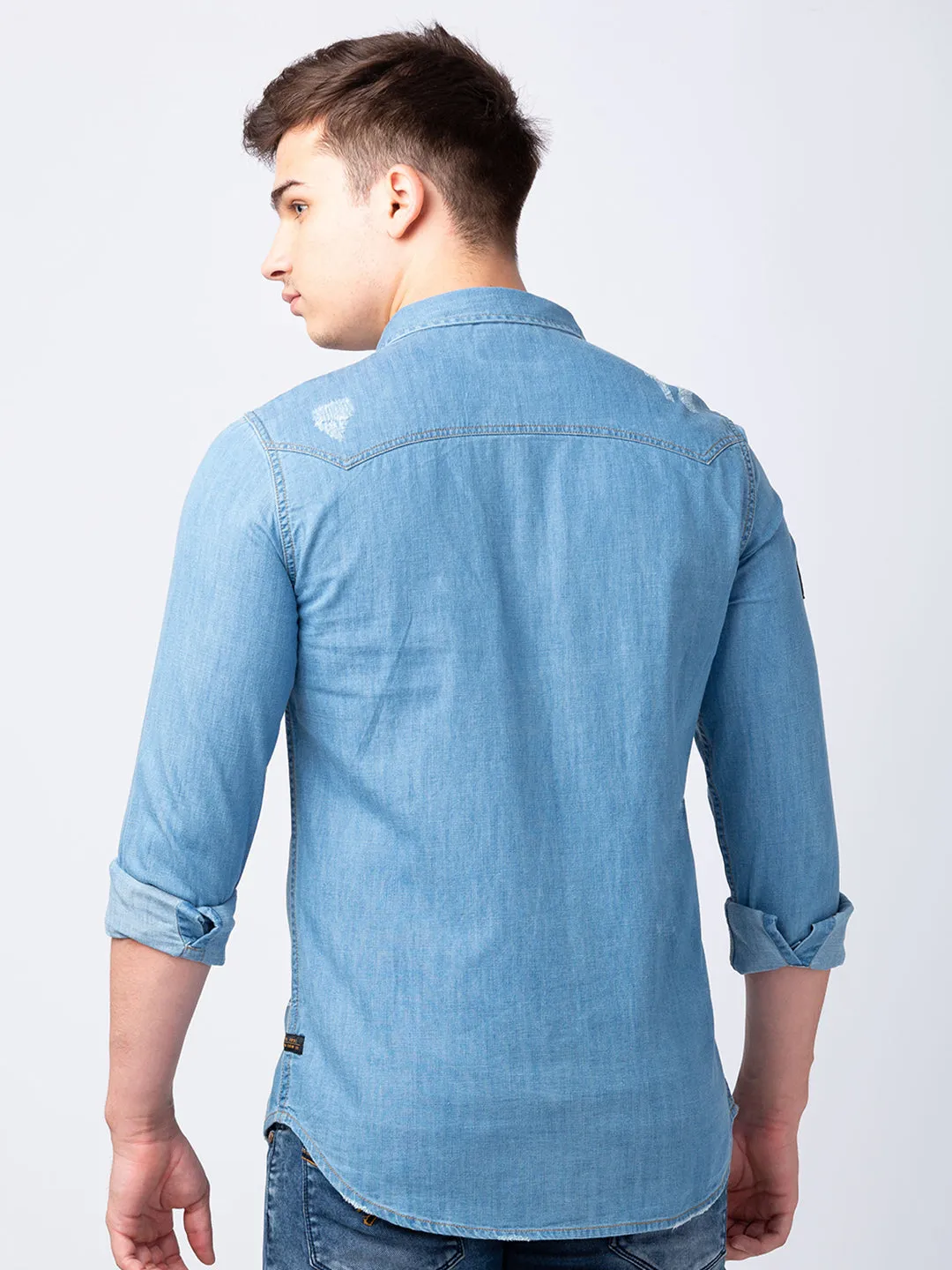 Spykar Men Light Blue Cotton Slim Fit Denim Shirt