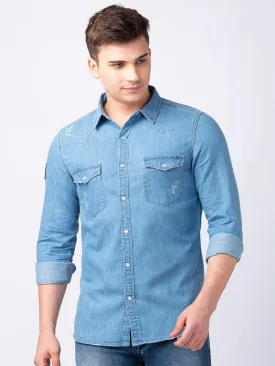 Spykar Men Light Blue Cotton Slim Fit Denim Shirt