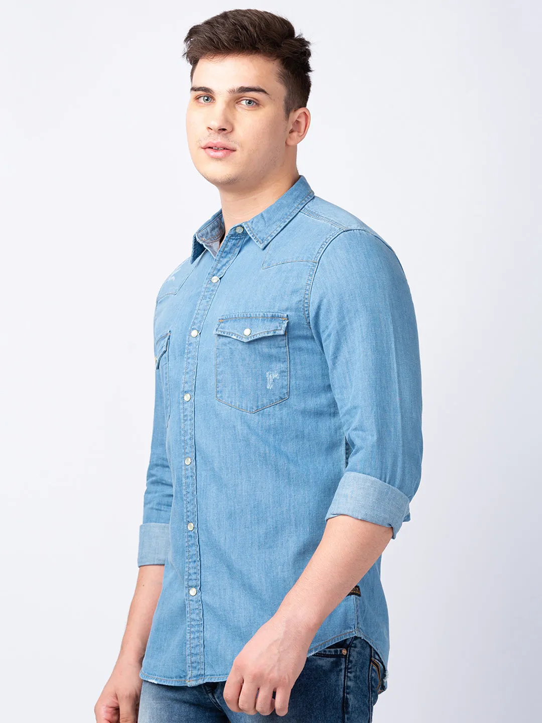 Spykar Men Light Blue Cotton Slim Fit Denim Shirt