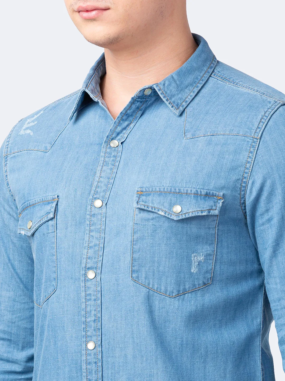 Spykar Men Light Blue Cotton Slim Fit Denim Shirt