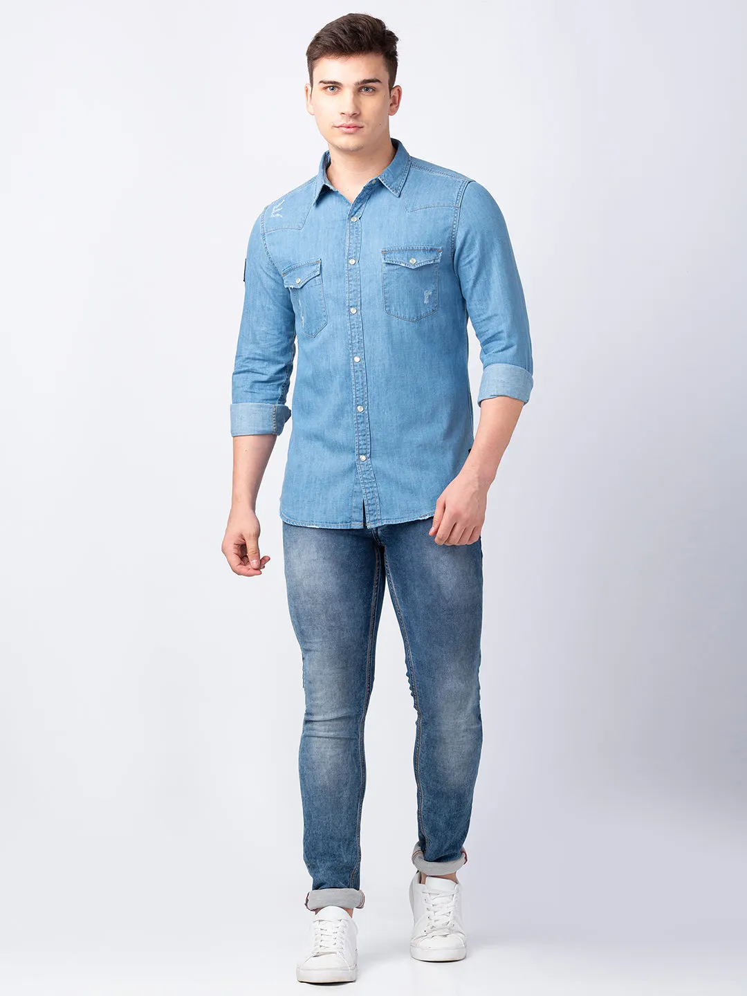 Spykar Men Light Blue Cotton Slim Fit Denim Shirt