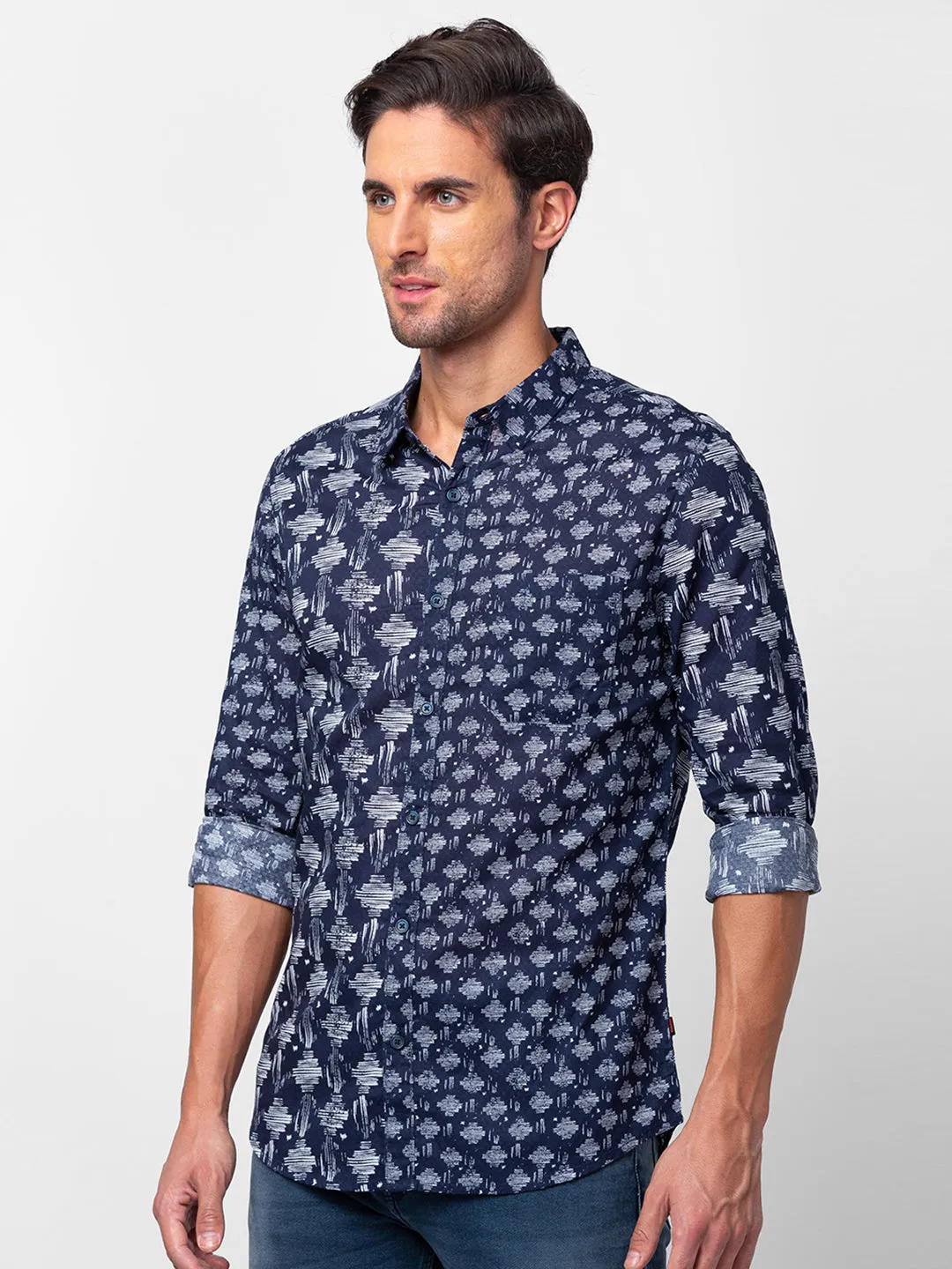 Spykar Men Navy Blue Cotton Slim Fit Printed Shirt