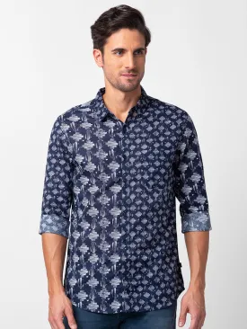 Spykar Men Navy Blue Cotton Slim Fit Printed Shirt