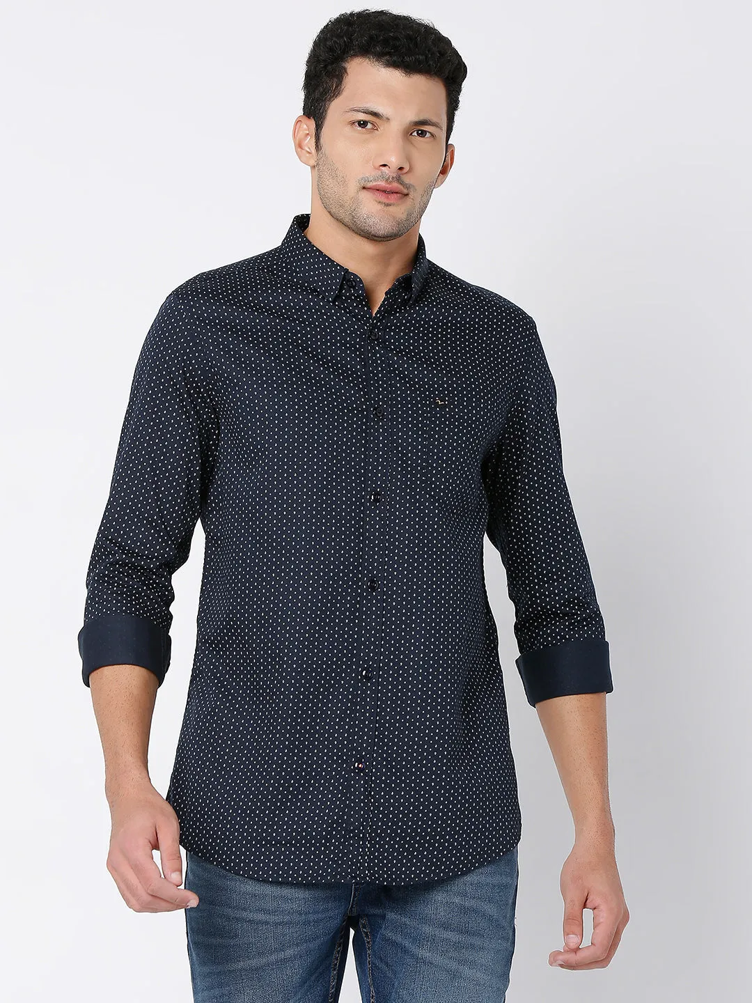 Spykar Men Navy Blue Satin Full Sleeve Printed Shirt