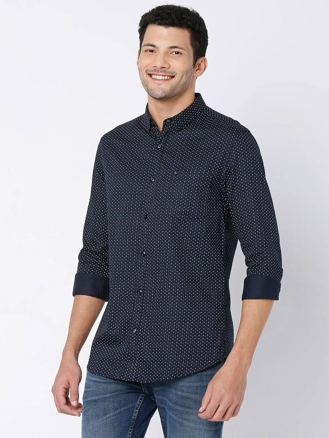 Spykar Men Navy Blue Satin Full Sleeve Printed Shirt