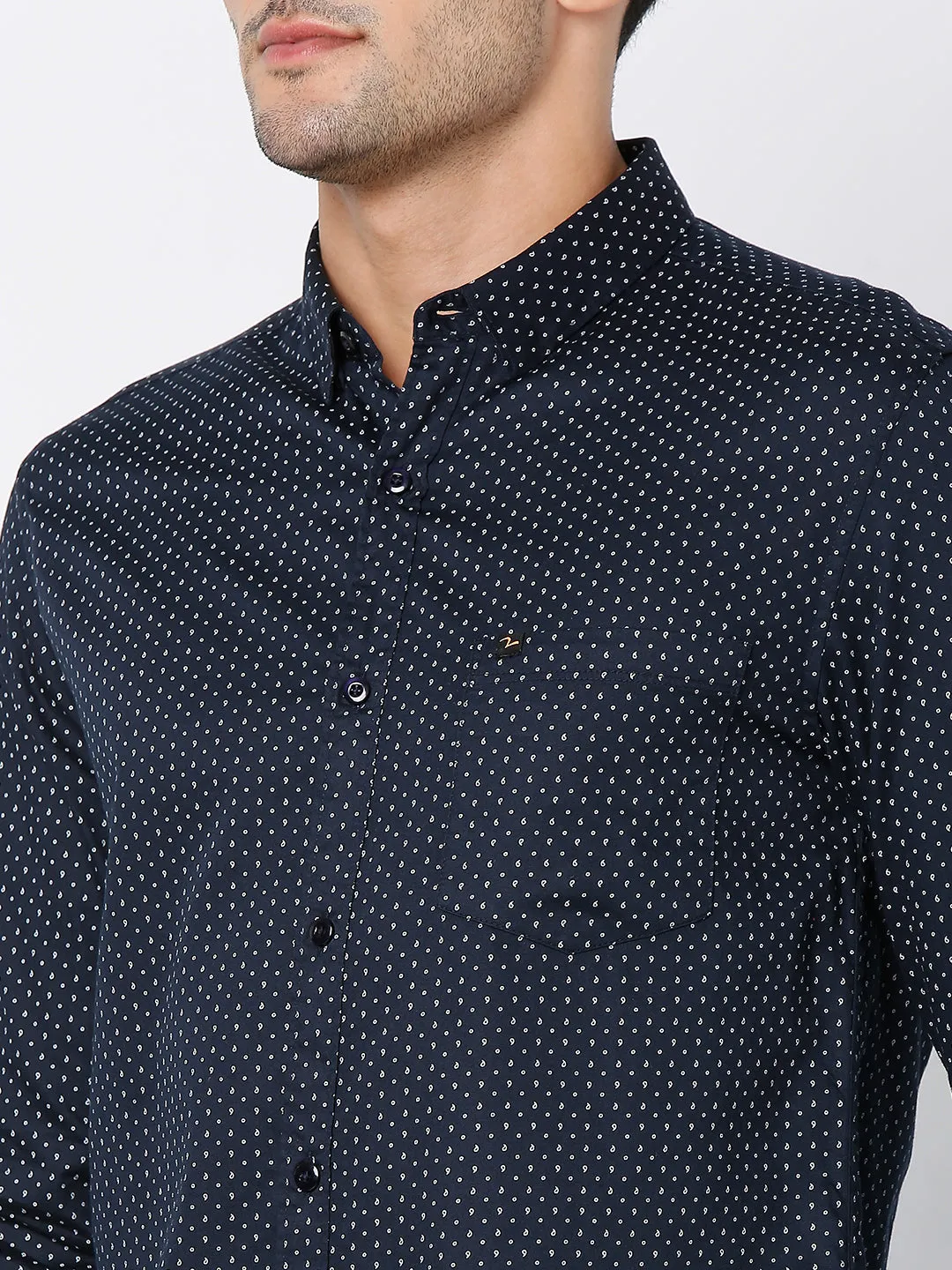 Spykar Men Navy Blue Satin Full Sleeve Printed Shirt