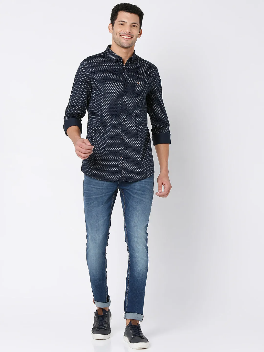 Spykar Men Navy Blue Satin Full Sleeve Printed Shirt