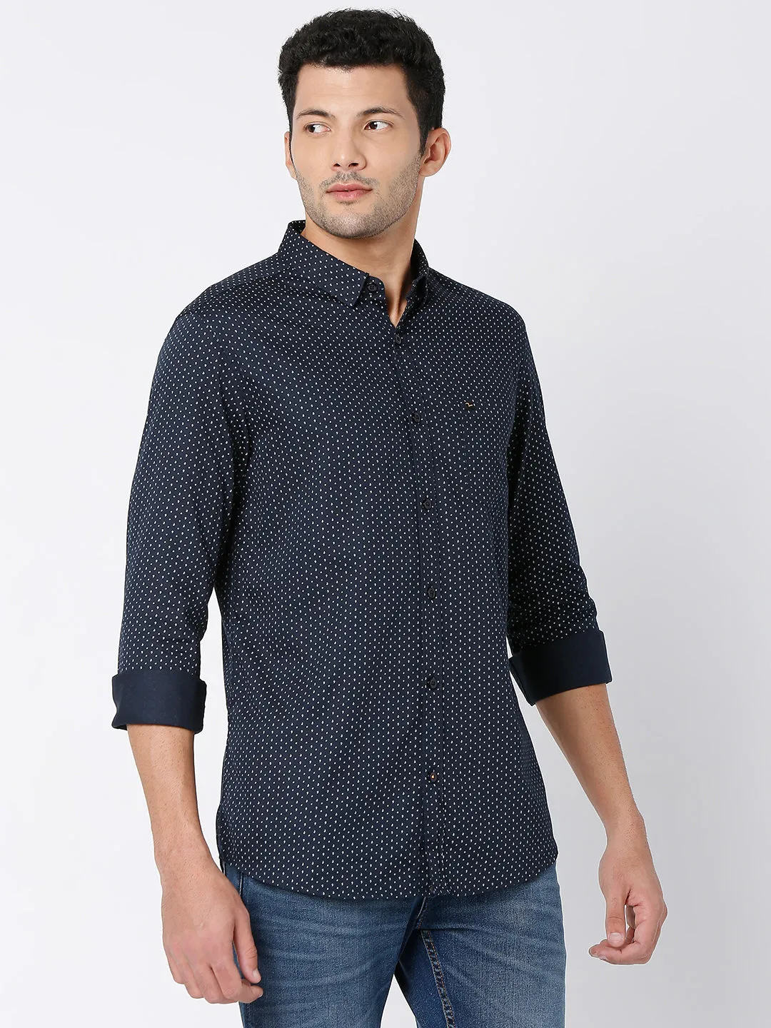 Spykar Men Navy Blue Satin Full Sleeve Printed Shirt