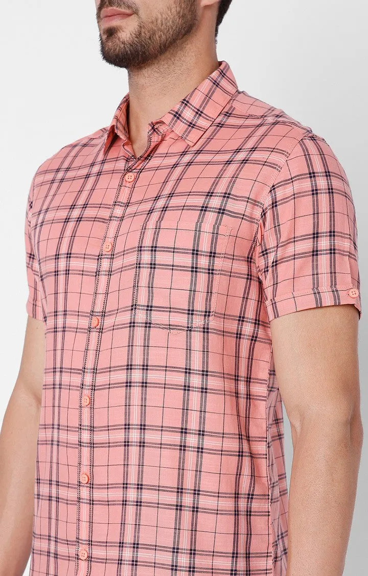 Spykar Men Peach Pink Cotton Slim Fit Checkered Shirt