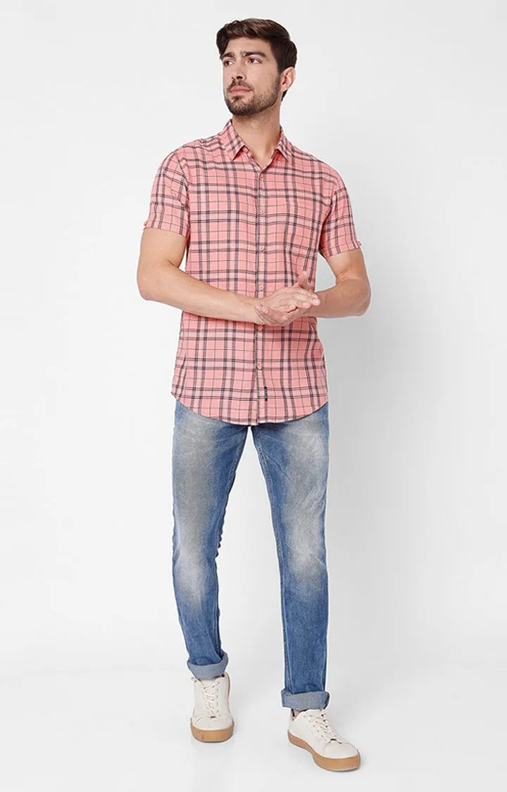 Spykar Men Peach Pink Cotton Slim Fit Checkered Shirt