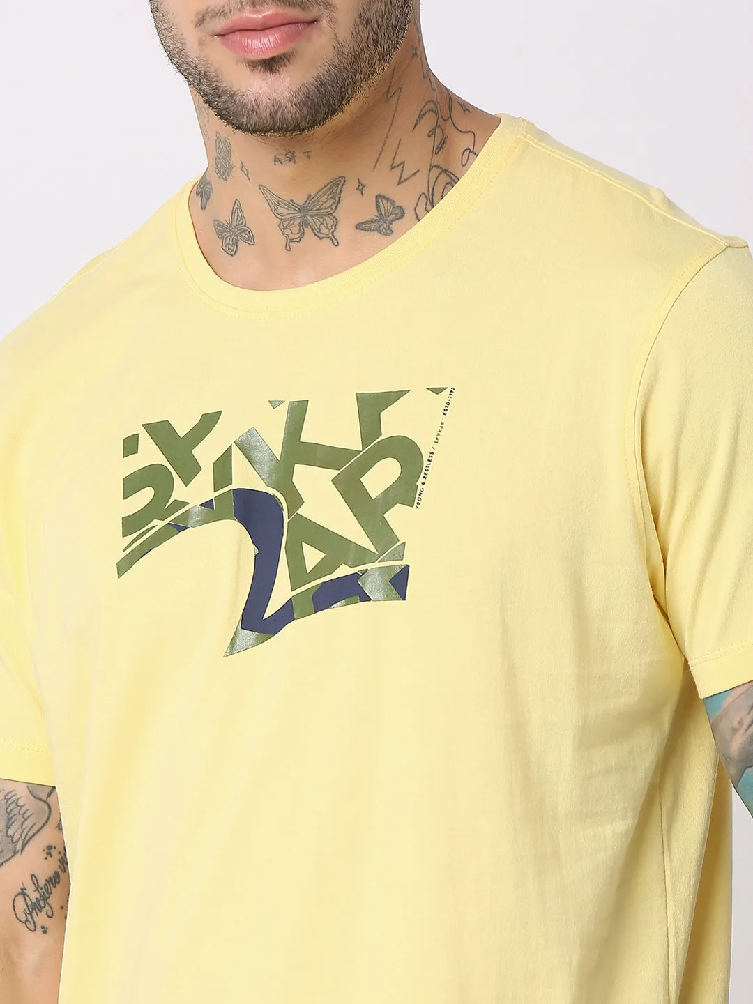 Spykar Men Powder Yellow Cotton Regular Fit Round Neck Printed T-Shirt