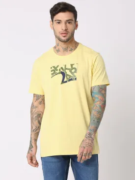 Spykar Men Powder Yellow Cotton Regular Fit Round Neck Printed T-Shirt