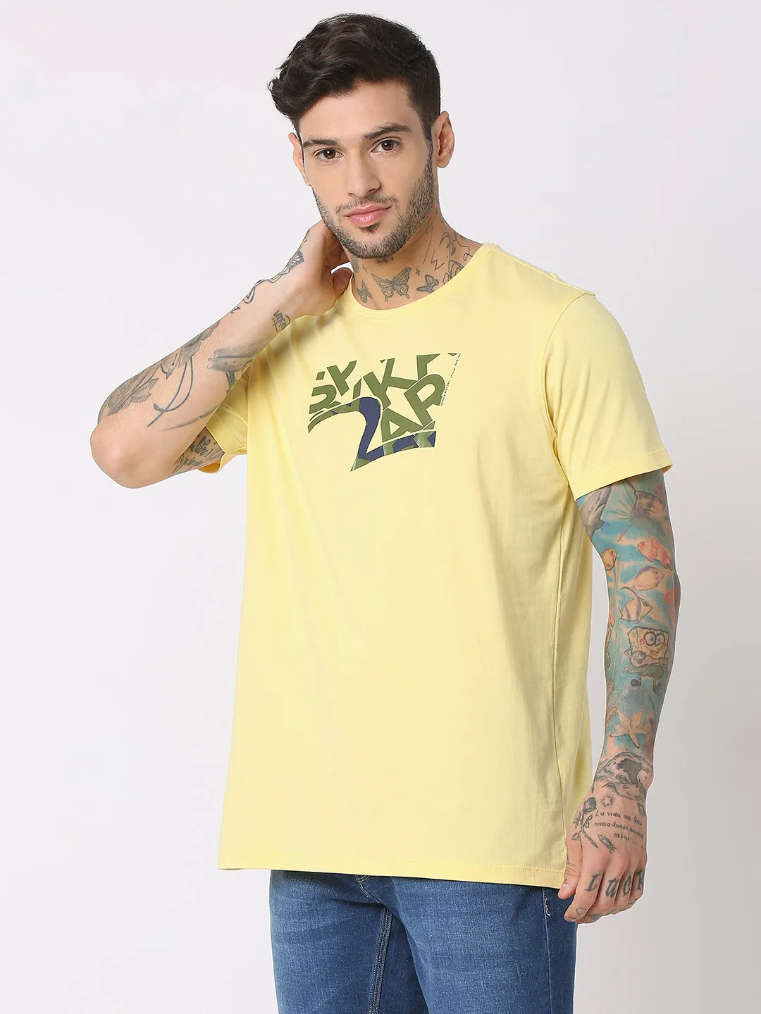 Spykar Men Powder Yellow Cotton Regular Fit Round Neck Printed T-Shirt