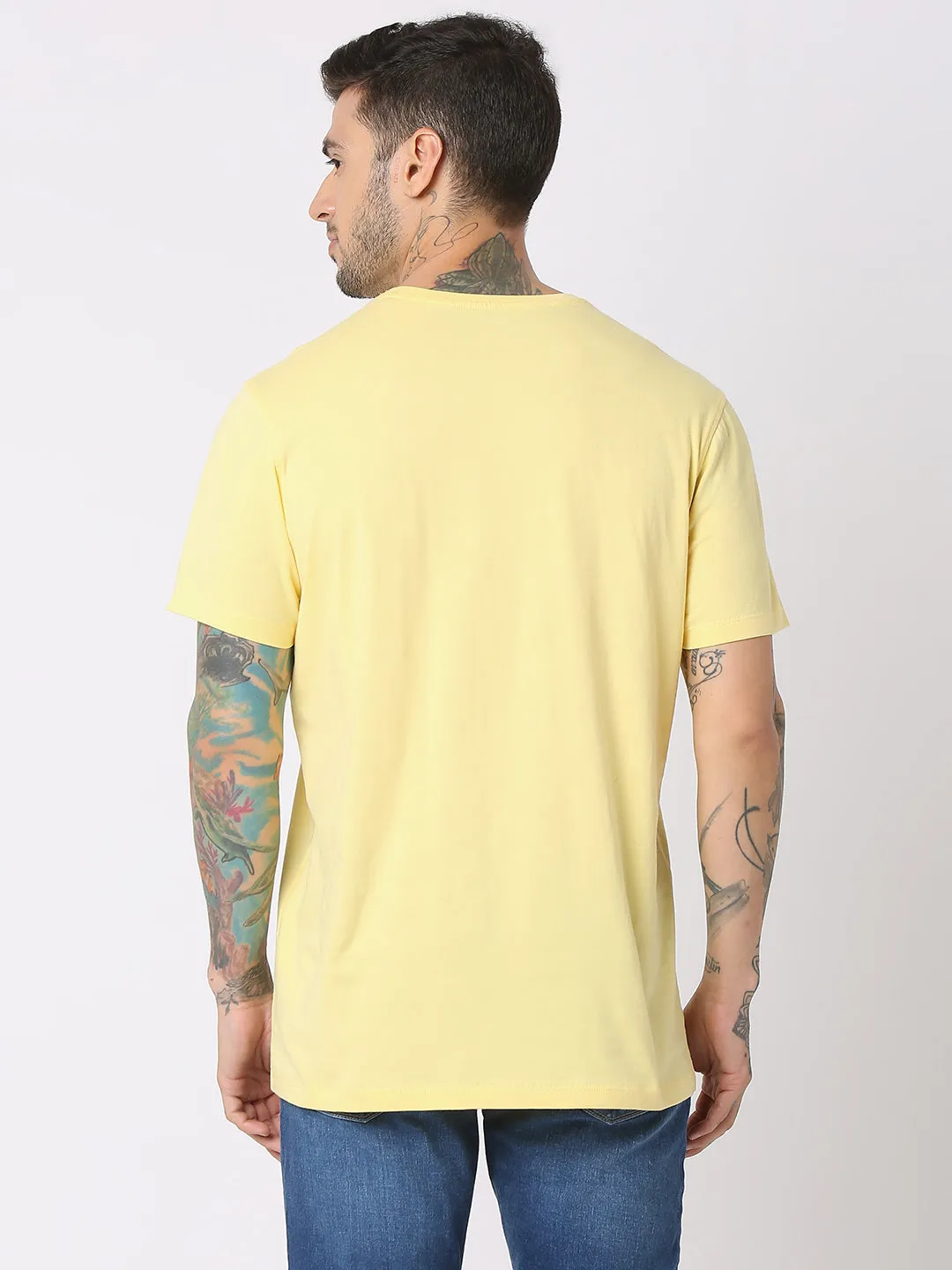 Spykar Men Powder Yellow Cotton Regular Fit Round Neck Printed T-Shirt