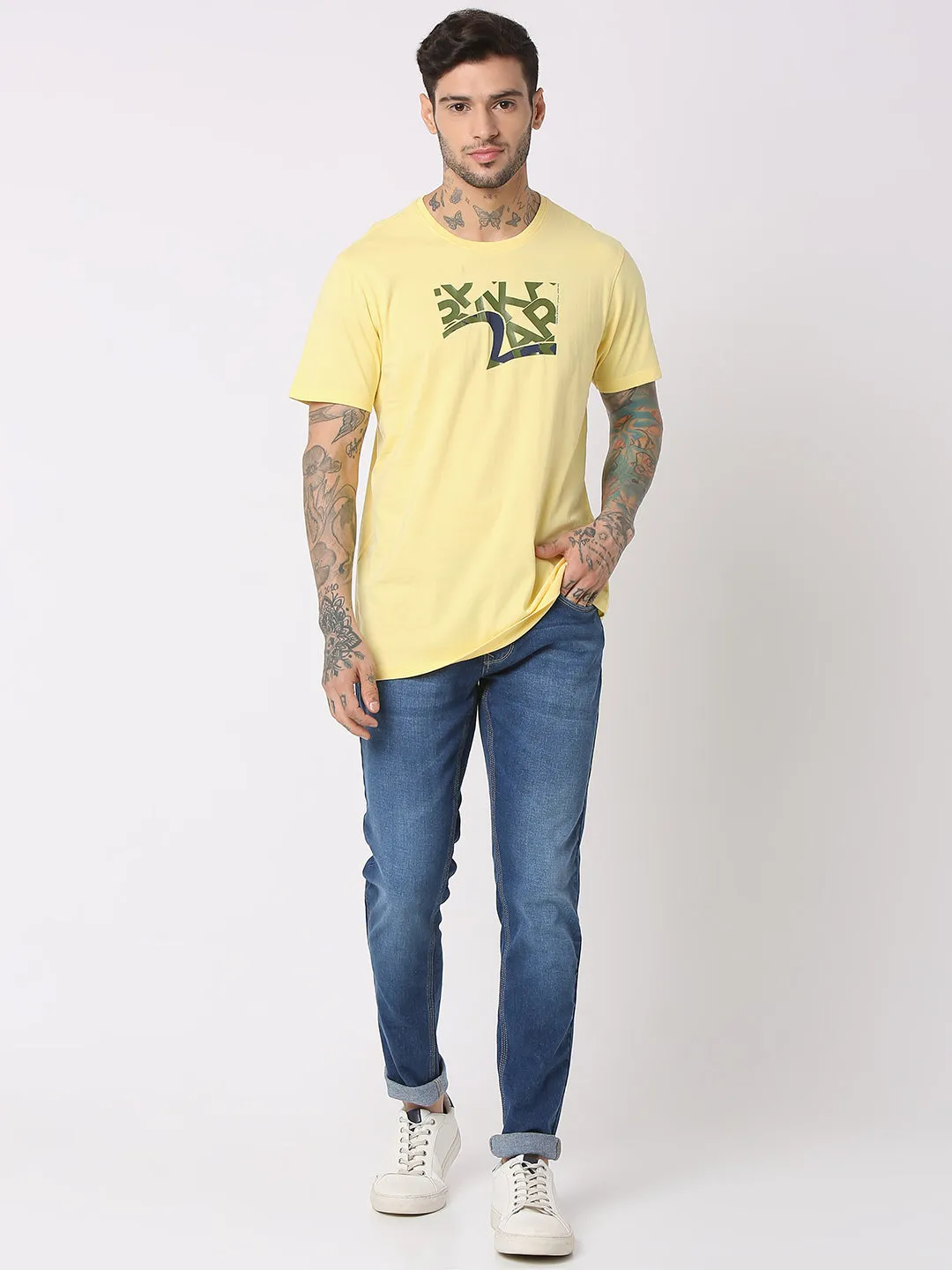 Spykar Men Powder Yellow Cotton Regular Fit Round Neck Printed T-Shirt