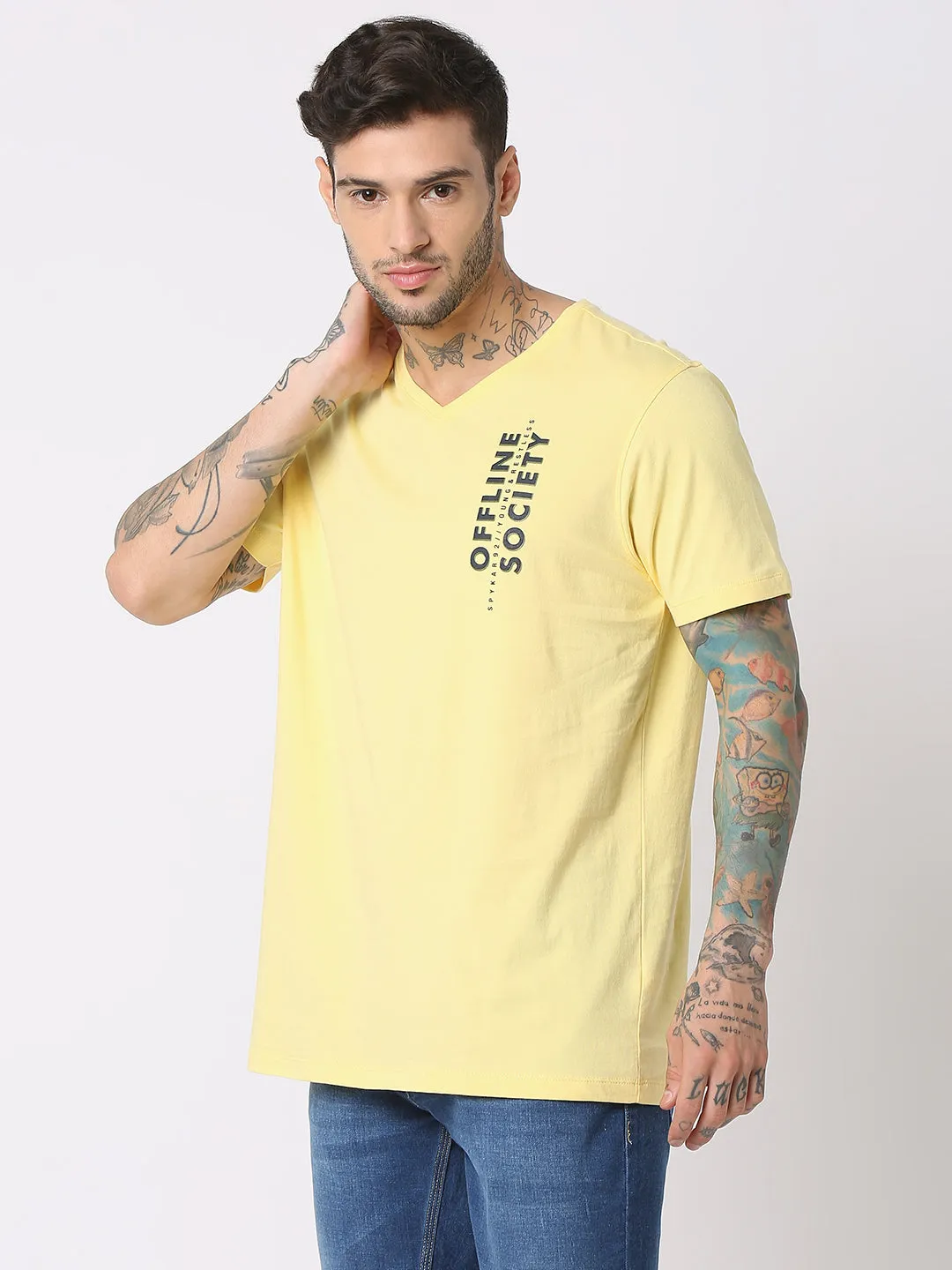 Spykar Men Powder Yellow Cotton Regular Fit V-Neck Printed T-Shirt