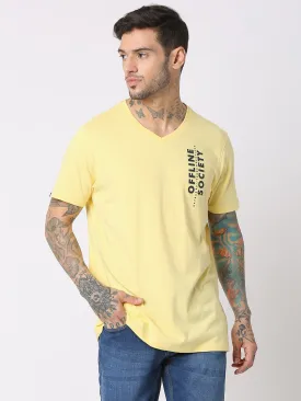 Spykar Men Powder Yellow Cotton Regular Fit V-Neck Printed T-Shirt