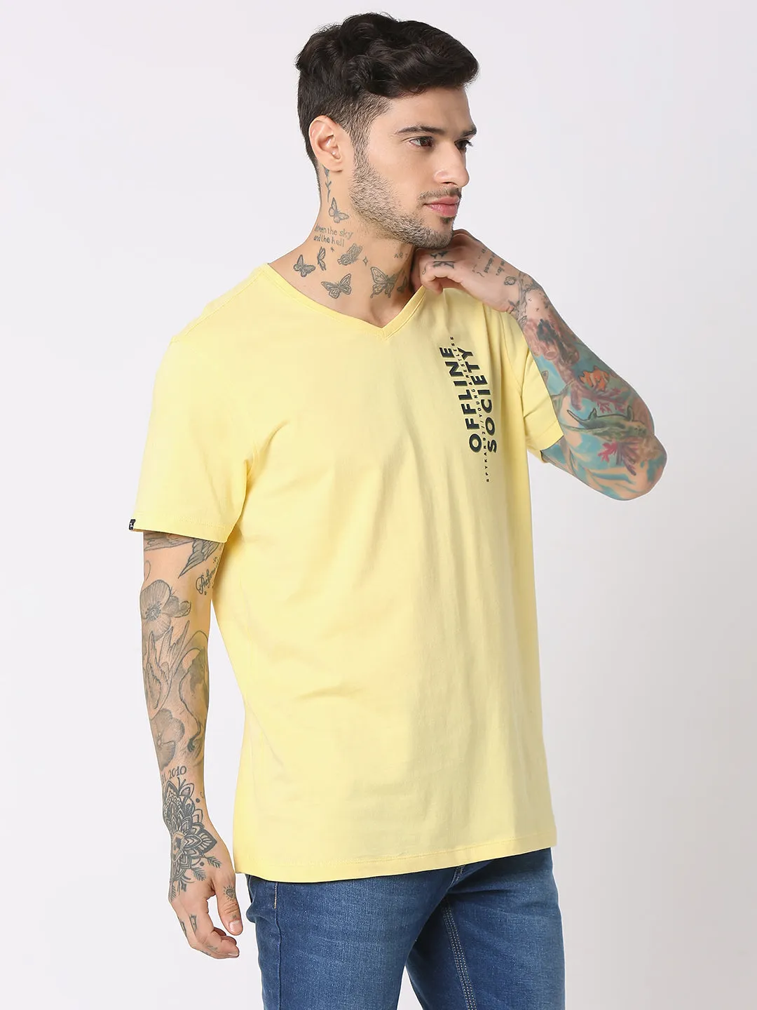 Spykar Men Powder Yellow Cotton Regular Fit V-Neck Printed T-Shirt