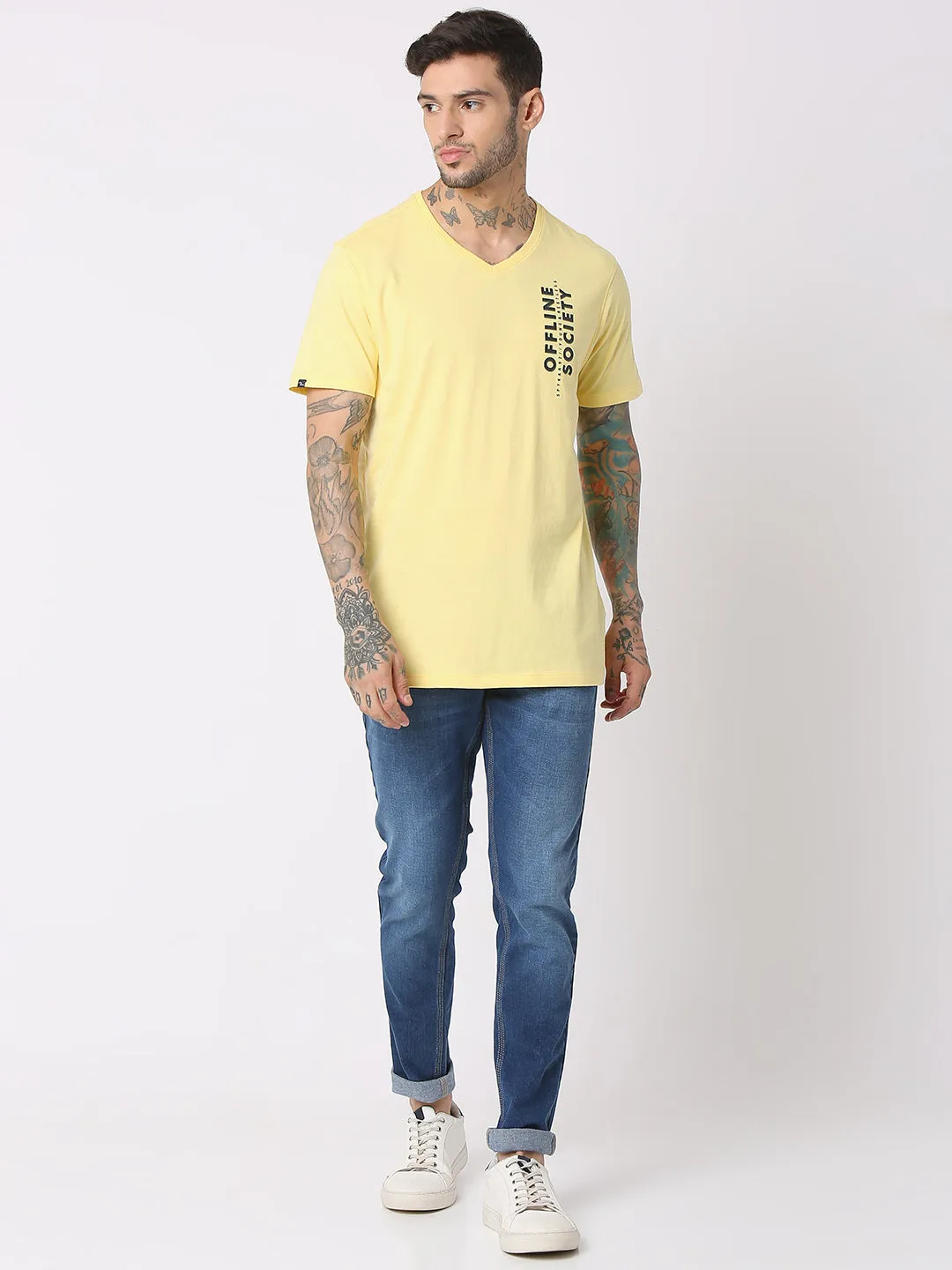 Spykar Men Powder Yellow Cotton Regular Fit V-Neck Printed T-Shirt