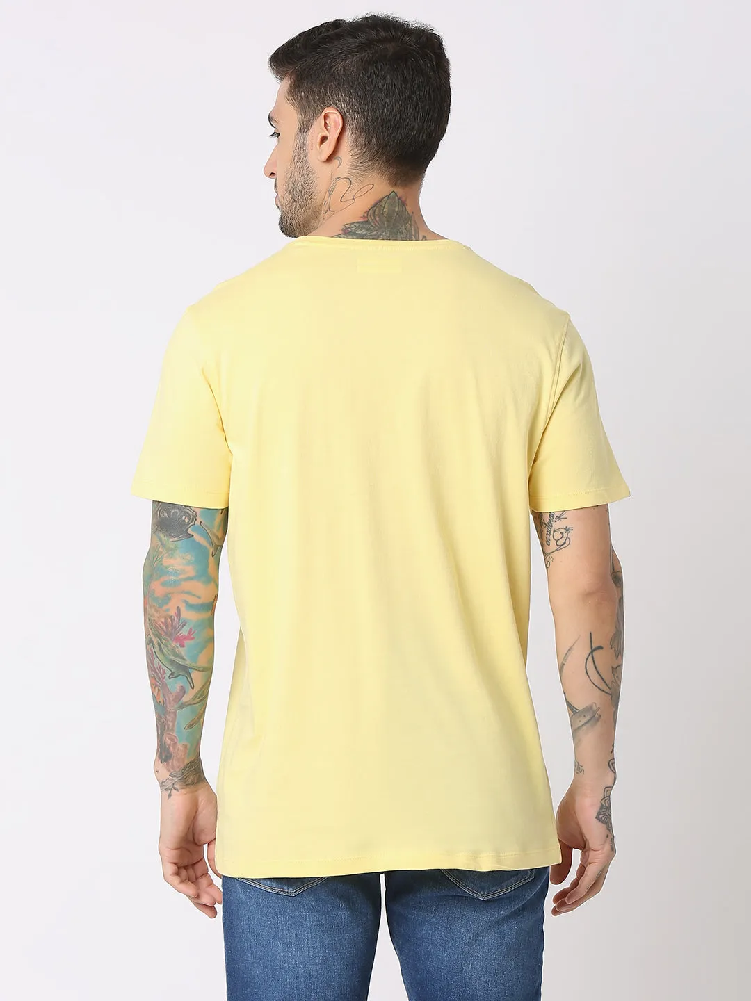 Spykar Men Powder Yellow Cotton Regular Fit V-Neck Printed T-Shirt