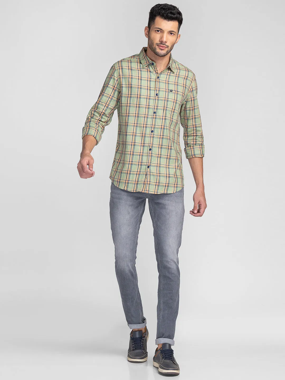 Spykar Men Rust Cotton Regular Fit Checkered Shirts