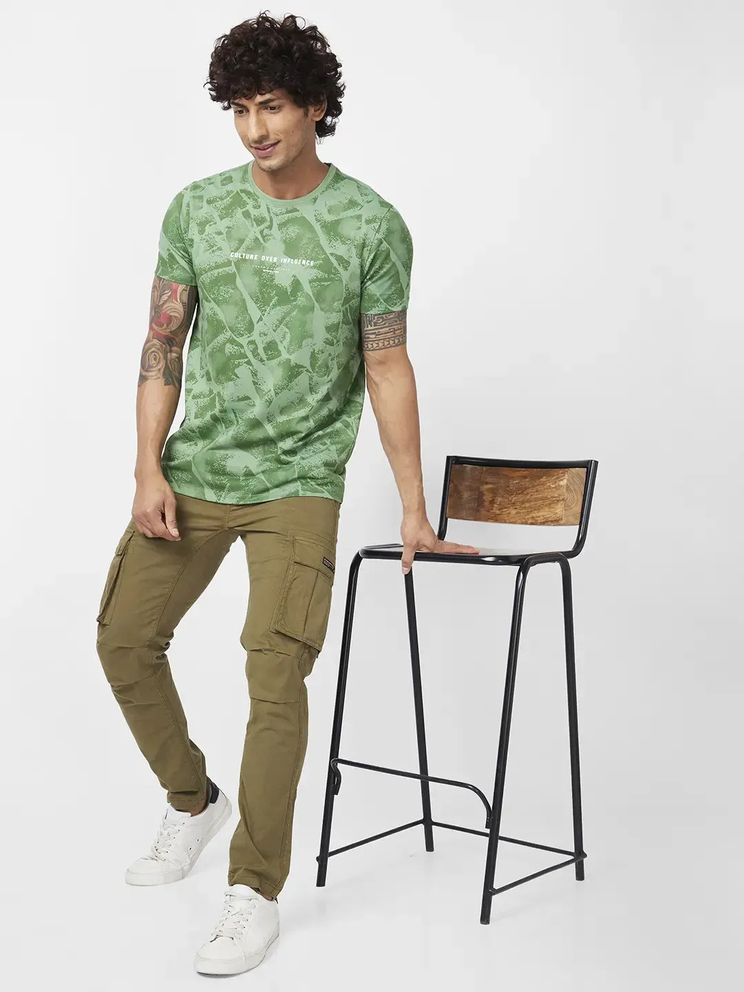 Spykar Men Sage Green Blended Slim Fit Half Sleeve Round Neck Printed Tshirt