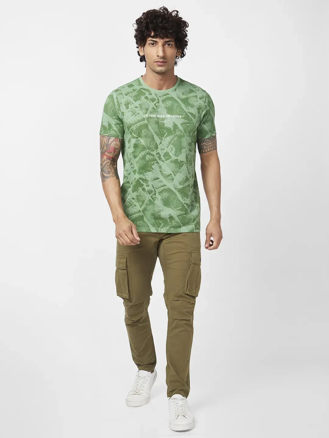 Spykar Men Sage Green Blended Slim Fit Half Sleeve Round Neck Printed Tshirt