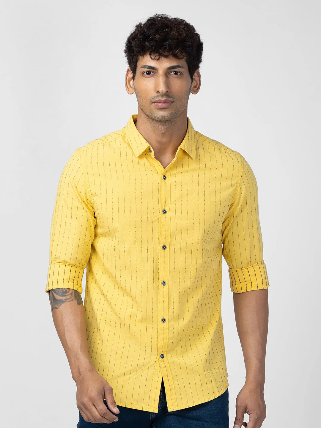 Spykar Men Sulphur Yellow Cotton Slim Fit Striped Shirt