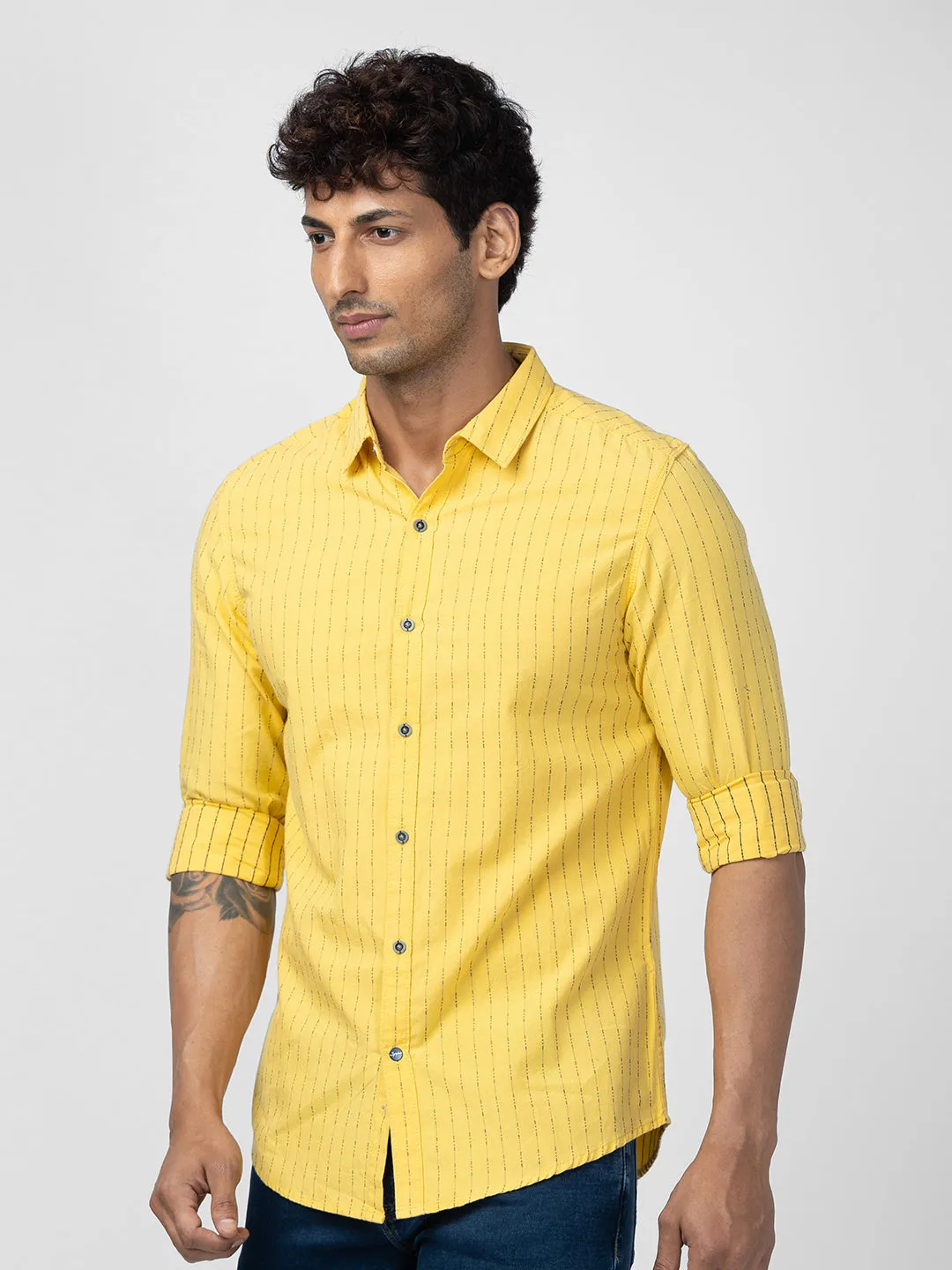 Spykar Men Sulphur Yellow Cotton Slim Fit Striped Shirt