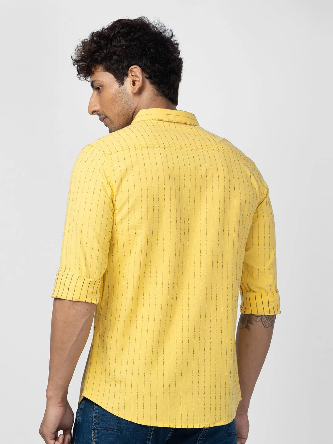 Spykar Men Sulphur Yellow Cotton Slim Fit Striped Shirt